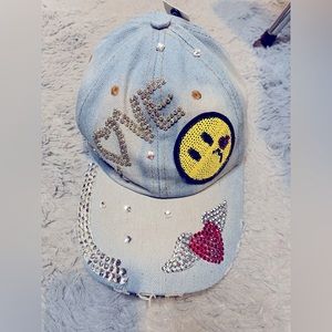 Stone Wash Distress Emoji Bling Baseball Hat